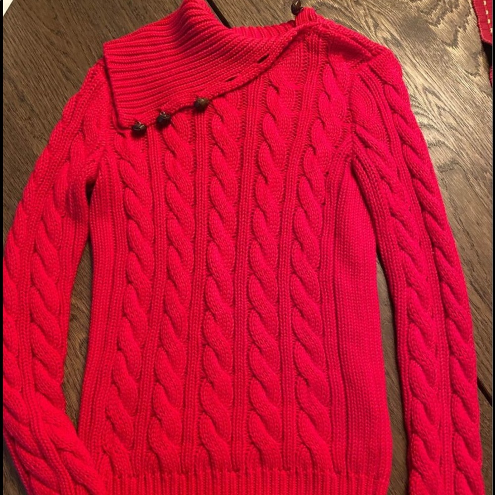 Ralph Lauren Cream Cable Knit Turtleneck Sweater with Button Down Neck/Collar XS